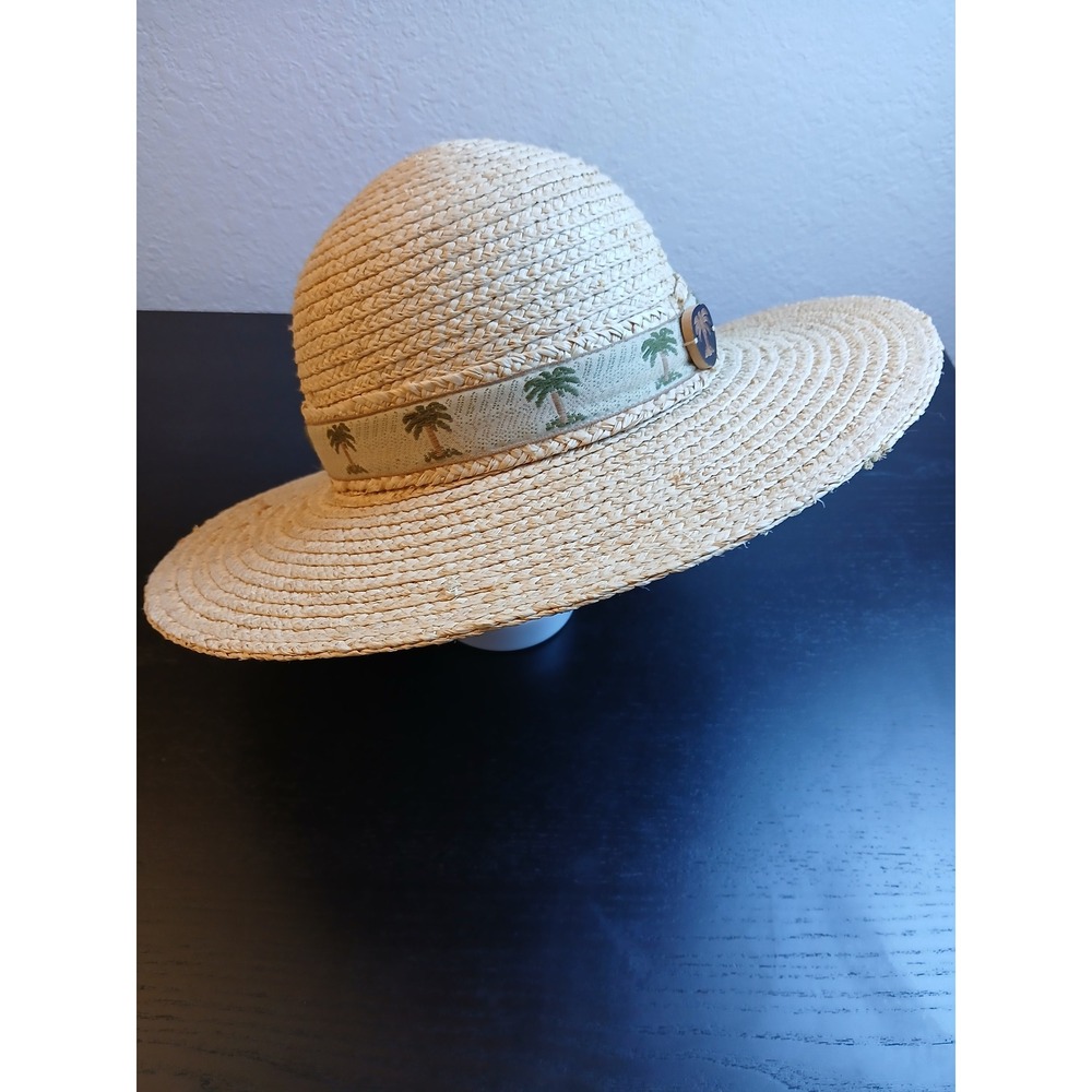Scala Collection Straw Sun Hat Wide Brim Palm Tree Ribbon Beige‎ One Size - Picture 8 of 9